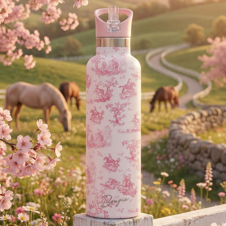 Chevalier 25oz Insulated Luxury Water Bottle | Pink Toile Horse & Houn