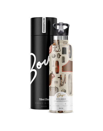 Vintage horse tack accessories on tan stainless steel insulated water bottle with flip ' n' sip straw lid with black tube Bougie branded gift packaging. 