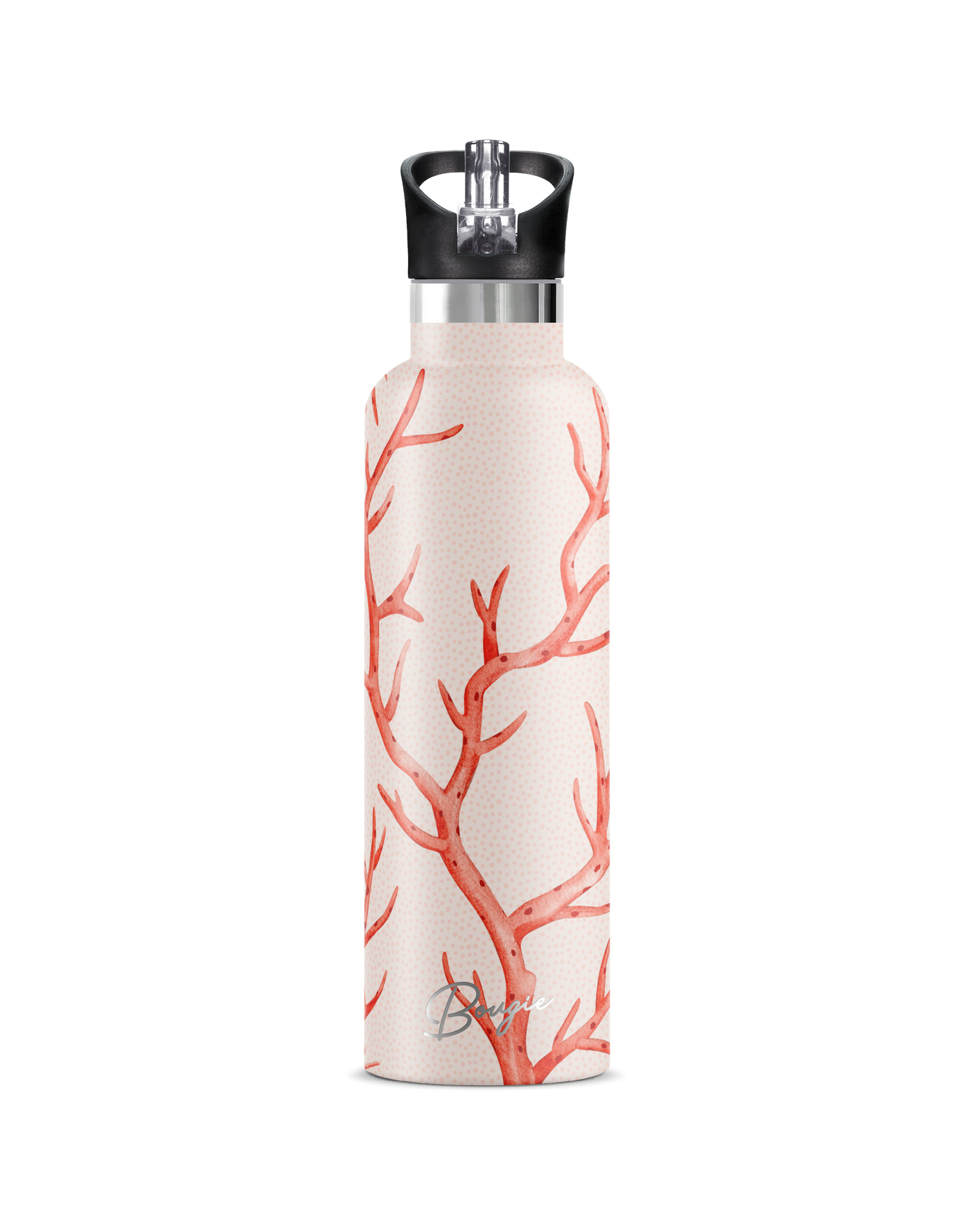 Corallia Orange Vintage Coral | 25oz. Insulated Water Bottle with black colored flip 'n'sip lid and Bougie branded black gift tube.