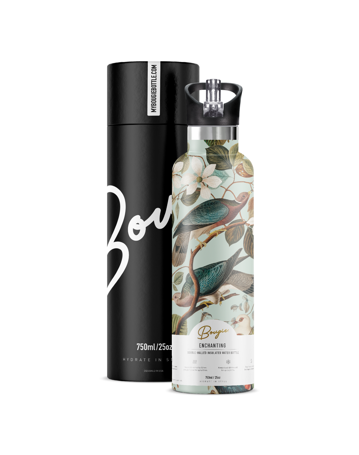 Enchanting 25oz. Insulated Water Bottle featuring a black Flip ‘n’ Sip lid. Adorned with pigeon-like birds and lush foliage, set against a black gift tube packaging with branding.