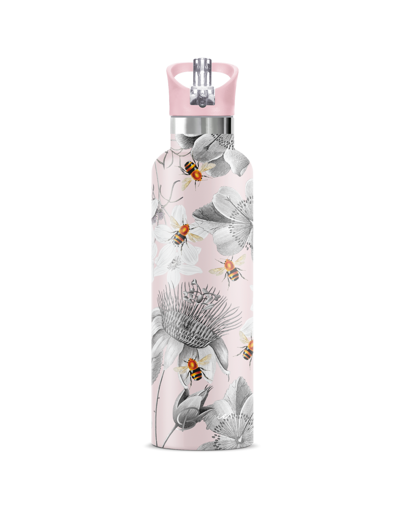 Etre's bee and flower design features a 25 oz insulated bottle. It comes with a matching pink flip and sip straw lid. 