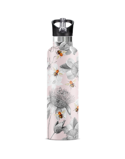 Etre bee and flower design 25 oz insulated bottle with black flip n sip straw lid  