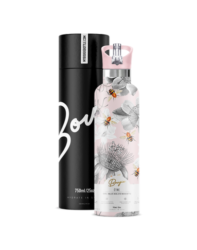 Etre bee and flower design 25 oz insulated bottle with matching pink fli n sip straw lid with Bougie branded gift packaging. 