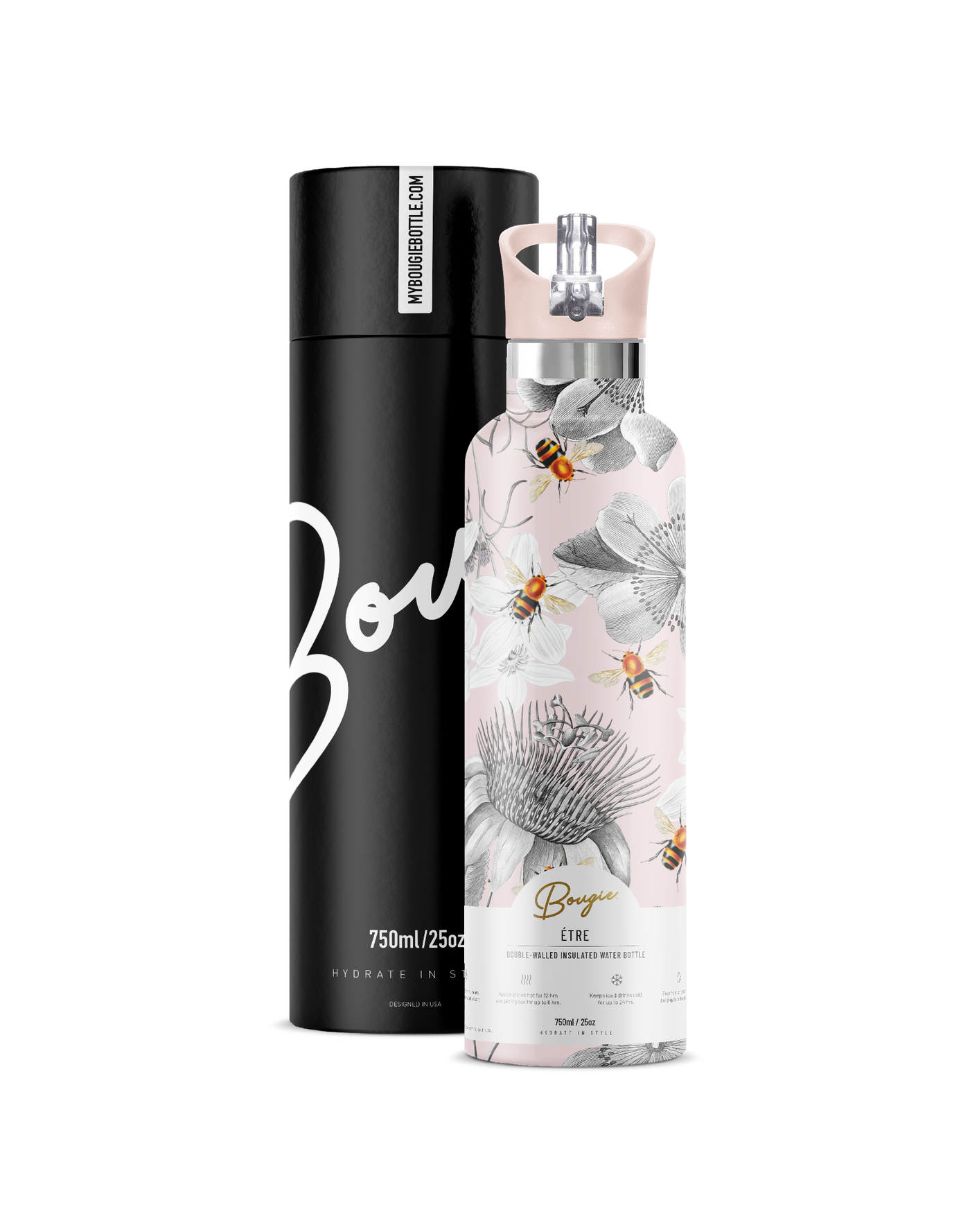 ETRE BEE AND FLOWER DESIGN WITH LIGHT PINK FLIP N SIP LID WITH GIFT TUBE