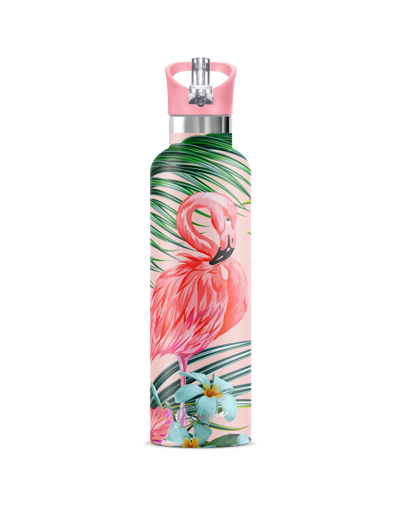 Pink Flamingo with tropical foliage and matching pink lid