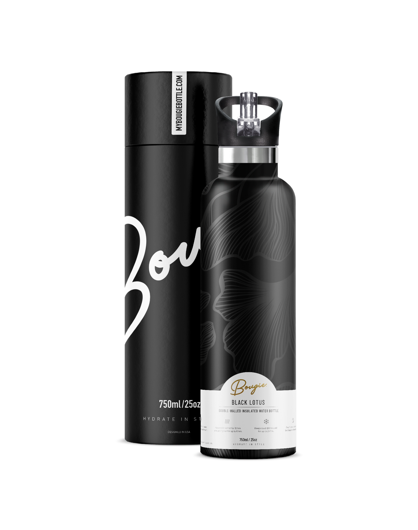 Lotus Black Insulated Water Bottle with Black Lid