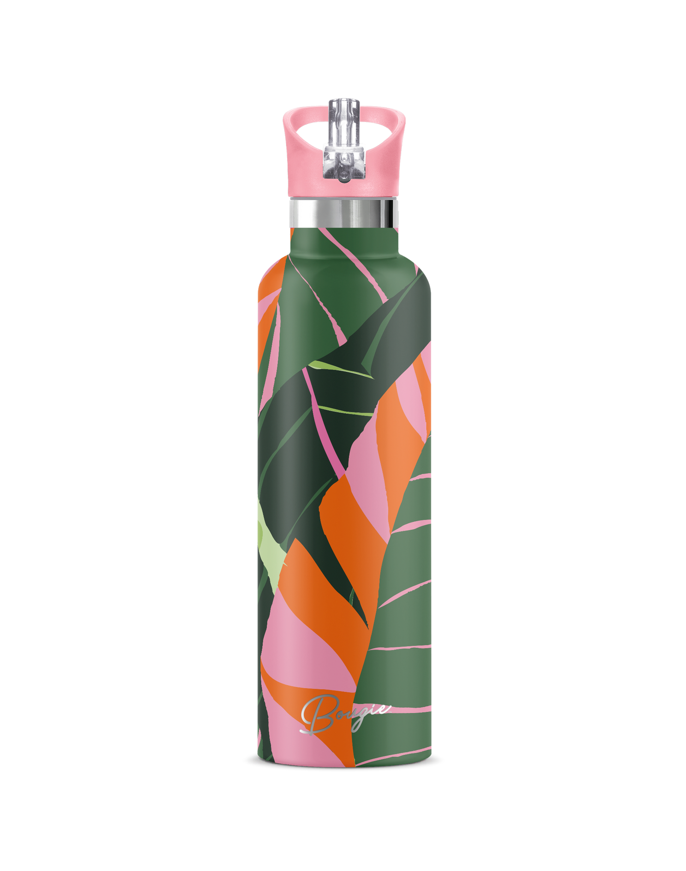 Mai'a banana leaf pink, green orange design 25 oz insulated bottle with pink flip n sip straw lid