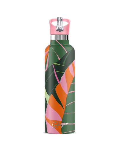 Mai'a banana leaf pink, green orange design 25 oz insulated bottle with pink flip n sip straw lid