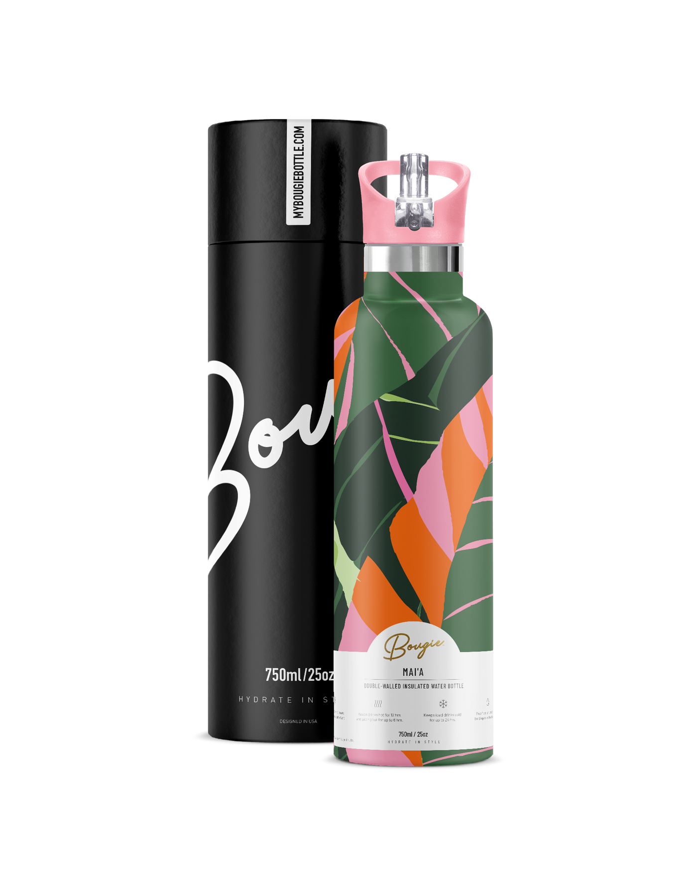 Mai'a banana leaf pink, green orange design 25 oz insulated bottle with pink flip n sip straw lid with gift tube