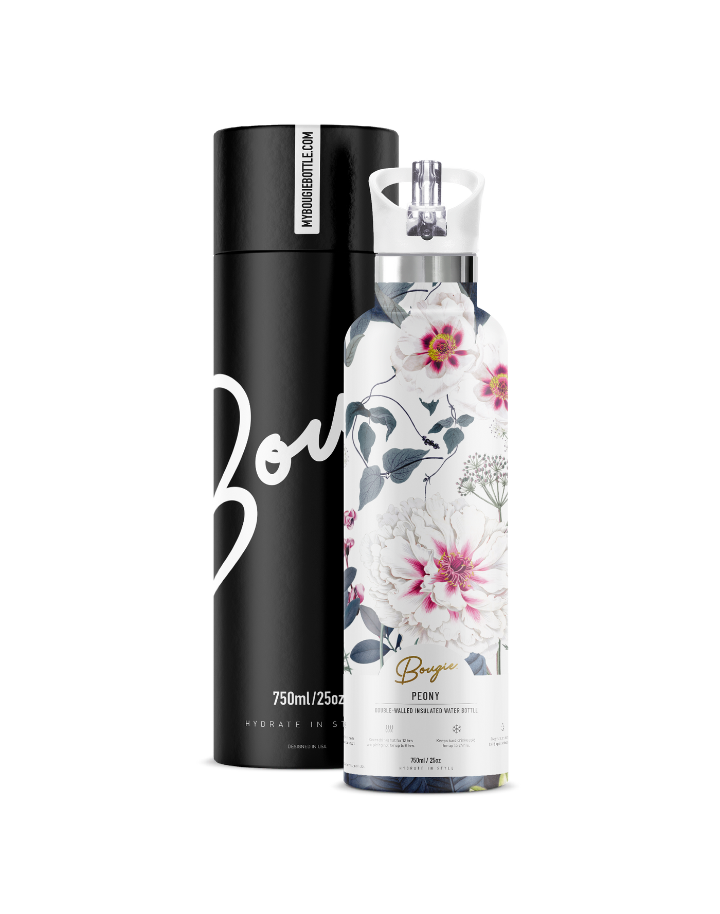 PEONY BOTTLE WITH WHITE LID AND GIFT TUBE