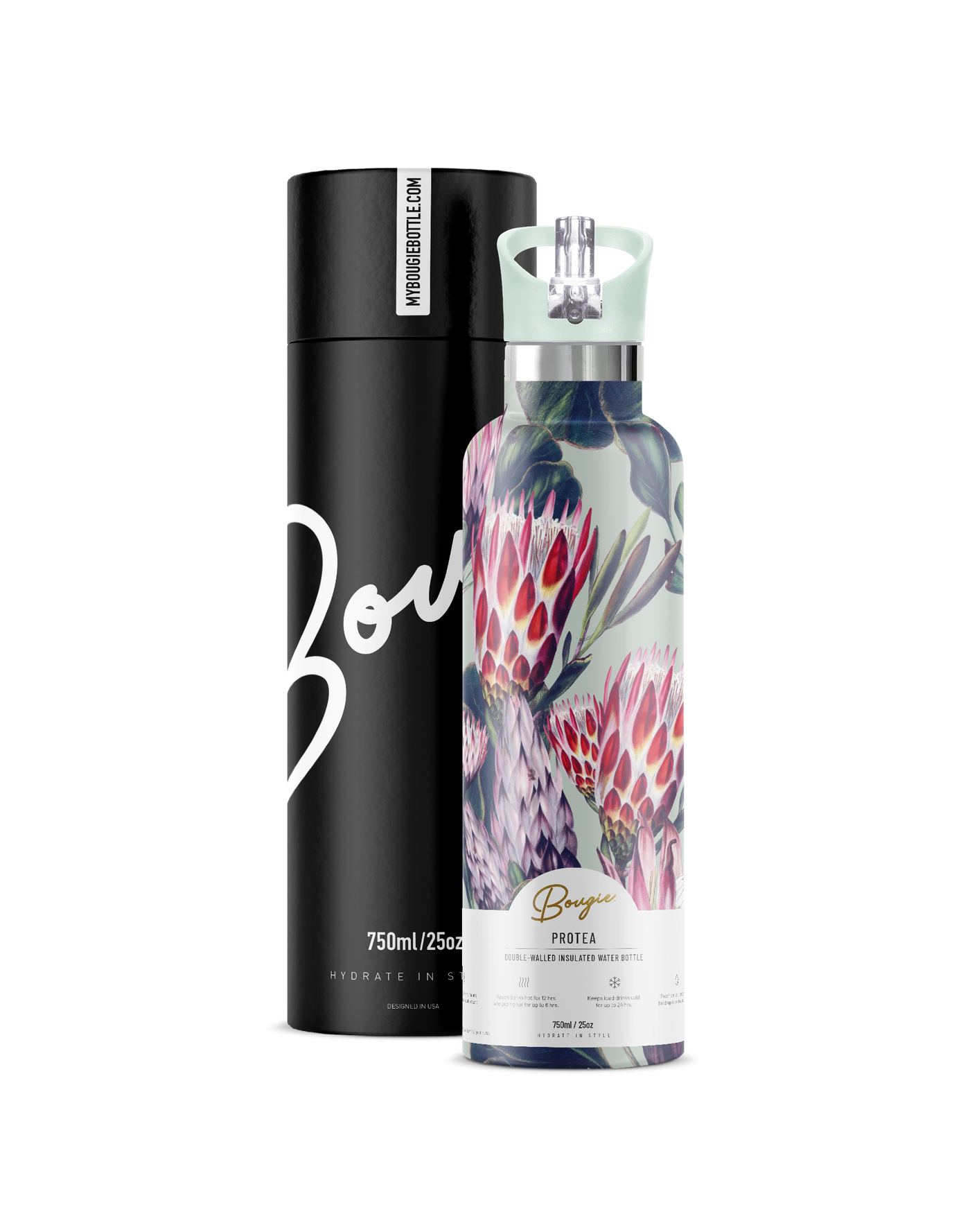 PROTEA FLOWER DESIGN WITH MATCHING JADE FLIP N SIP LID WITH GIFT TUBE PACKAGING