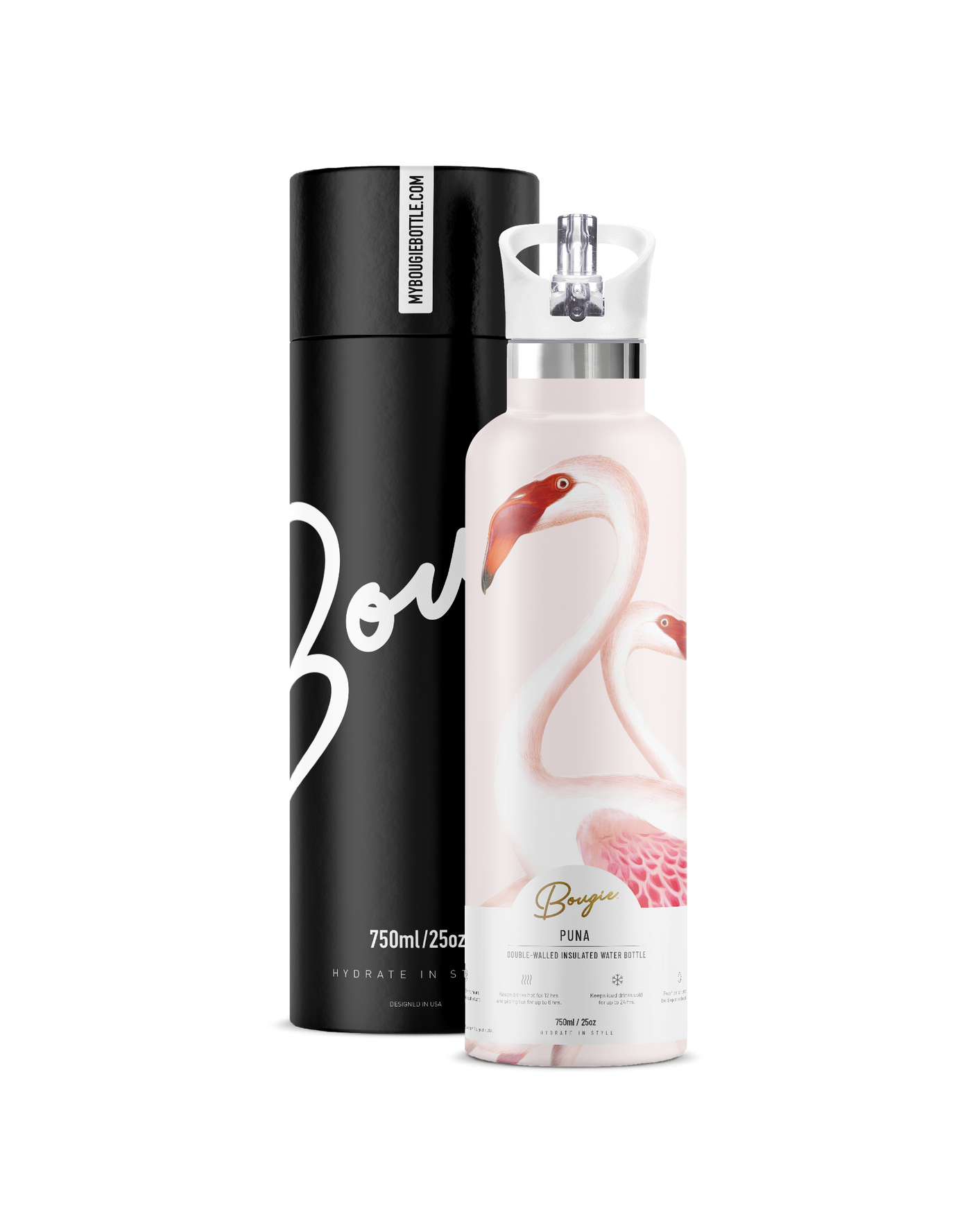 Puna | 25oz. Insulated Water Bottle Puna Flamingo design with white flip n sip lid and bougie branded gift tube packaging. 