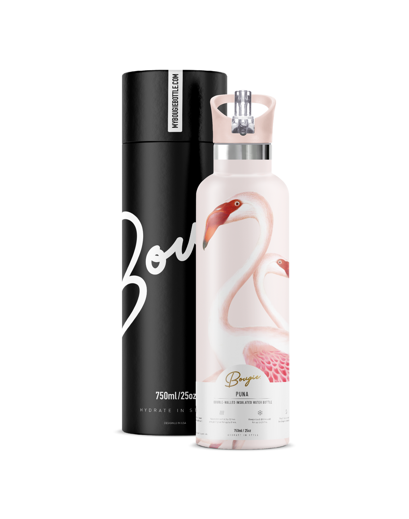 Puna | 25oz. Insulated Water Bottle Puna Flamingo design with PINK flip n sip lid WITH GIFT PACKAGING