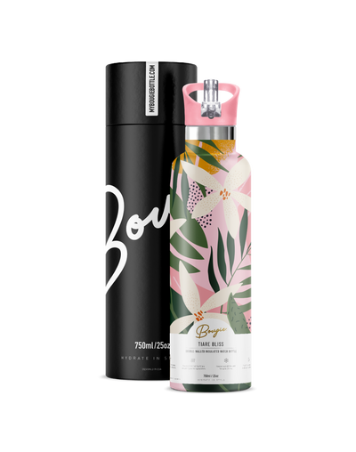 Tiare bliss gardenia flower tropical design insulated water bottle with matching pink straw lid with gift tube packaging. 