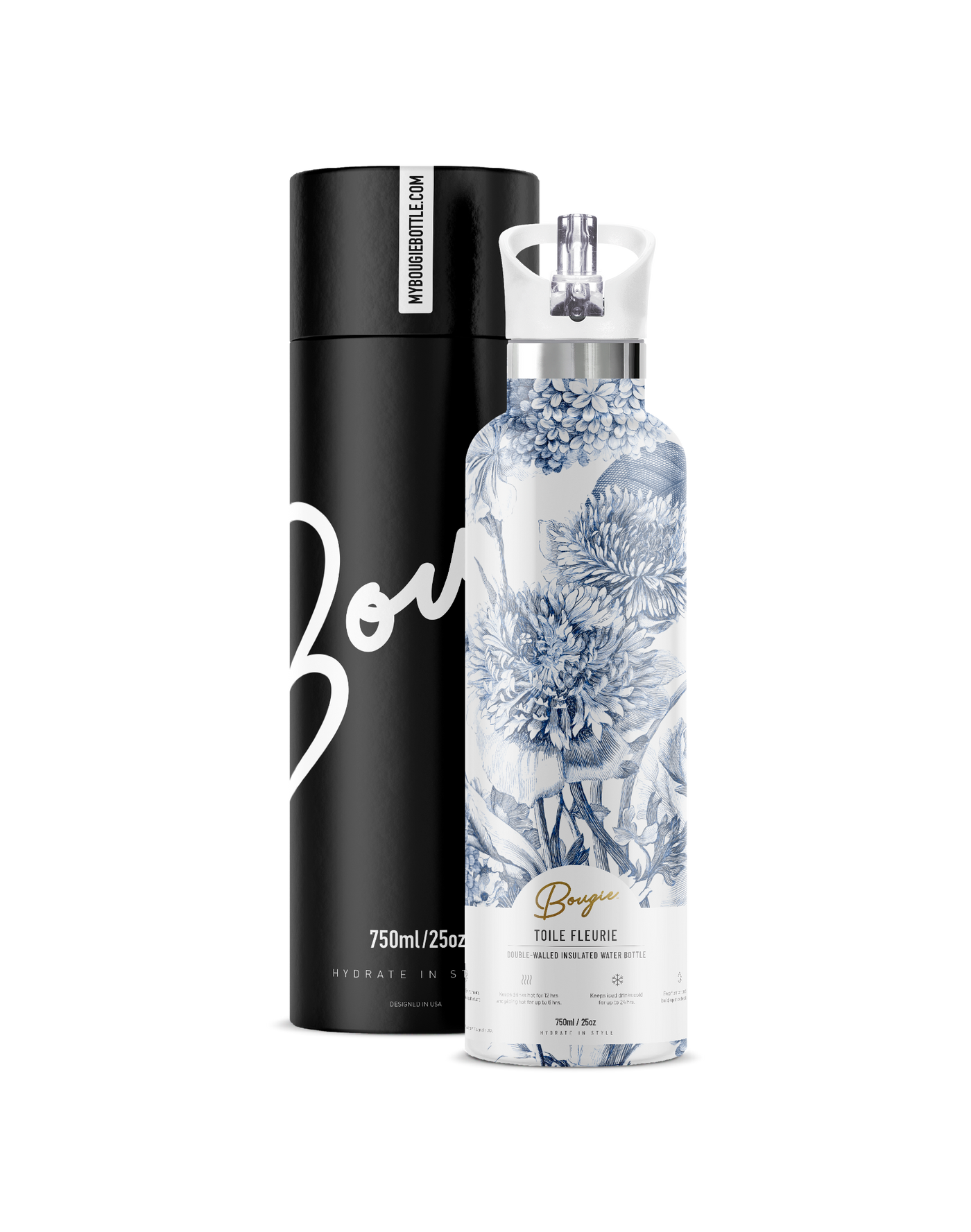 Toile Fleurie | 25oz. Insulated Water Bottle with matching white flip n sip lid and Bougie branded gift tube packaging. 