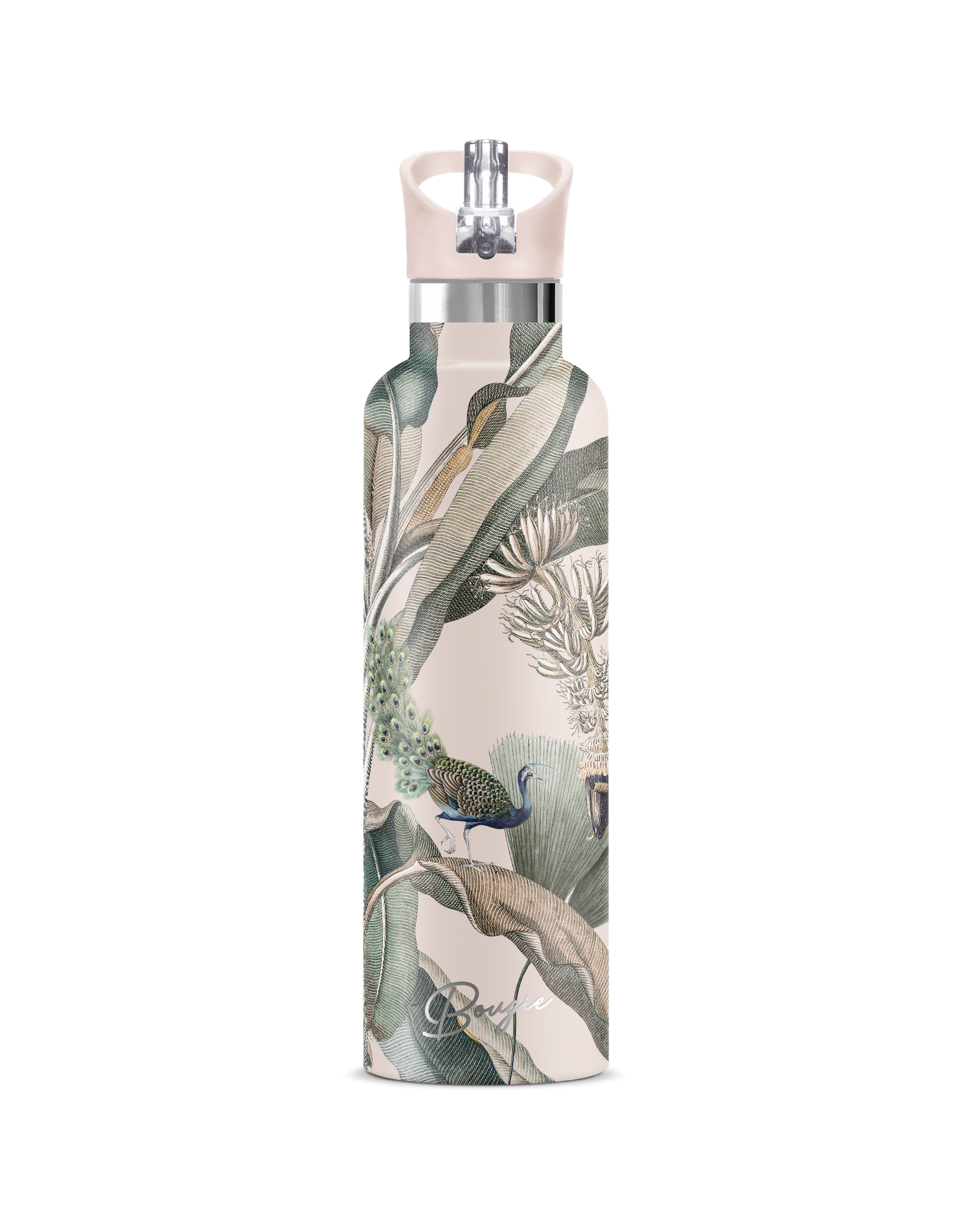 My Bougie Bottle Insulated Water Bottle in Tropique Design with Flip n Sip and Dusty Pink Lid