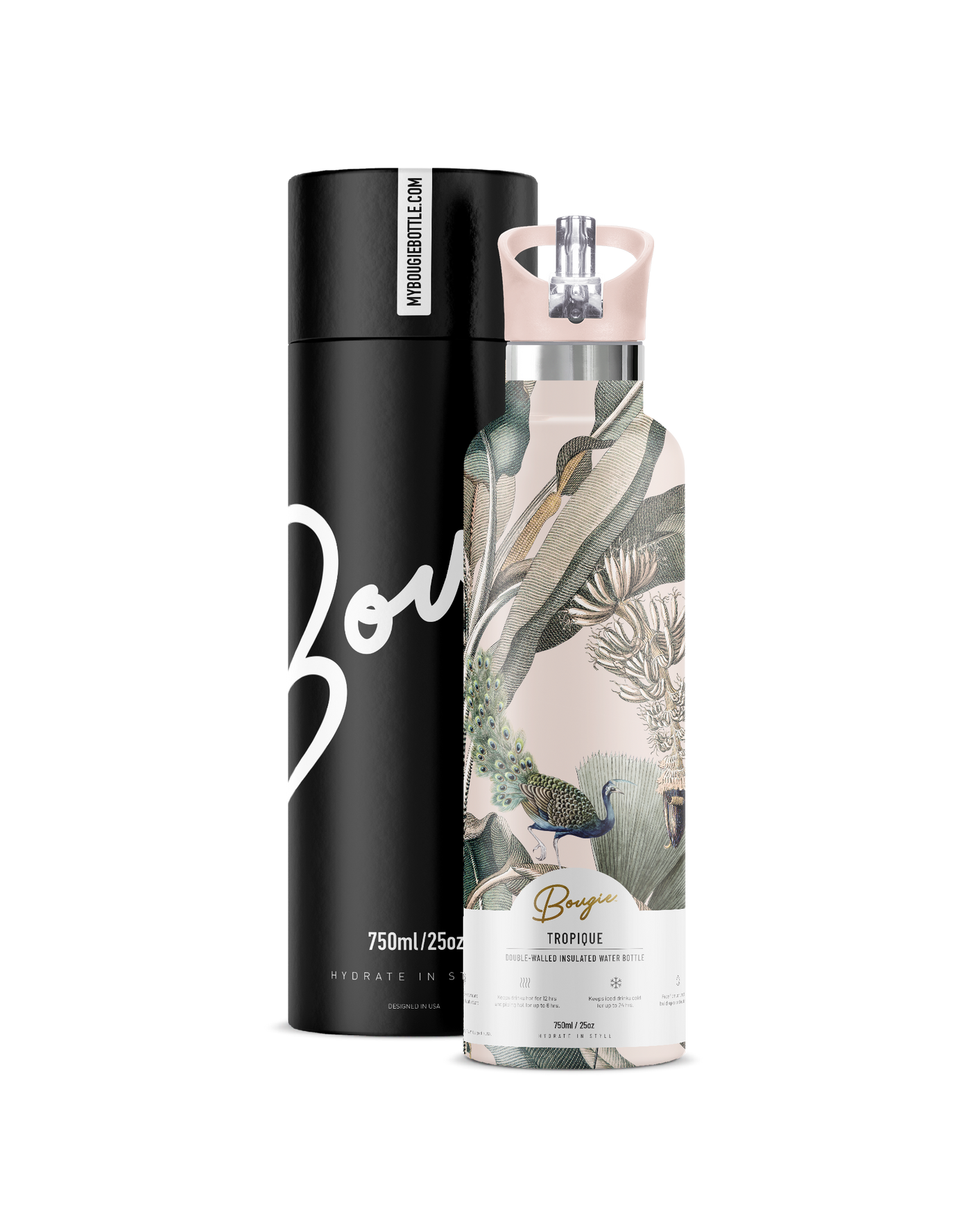 My Bougie Bottle Insulated Water Bottle in Tropique Design with Dusky Pink Lid and a Gift Tube