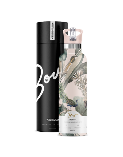 My Bougie Bottle Insulated Water Bottle in Tropique Design with Dusky Pink Lid and a Gift Tube