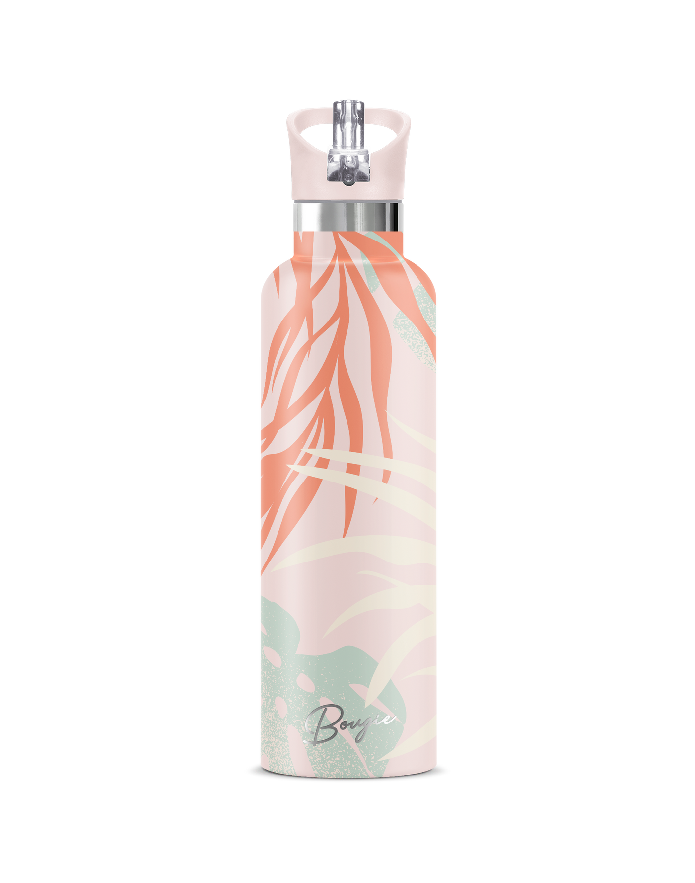 Ahe | 25oz. Insulated Water Bottle, pink with pastel colored palm leaf design and matching fli n sip pink lid