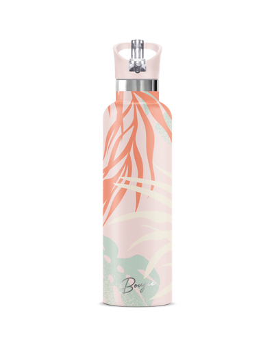 Ahe | 25oz. Insulated Water Bottle, pink with pastel colored palm leaf design and matching fli n sip pink lid