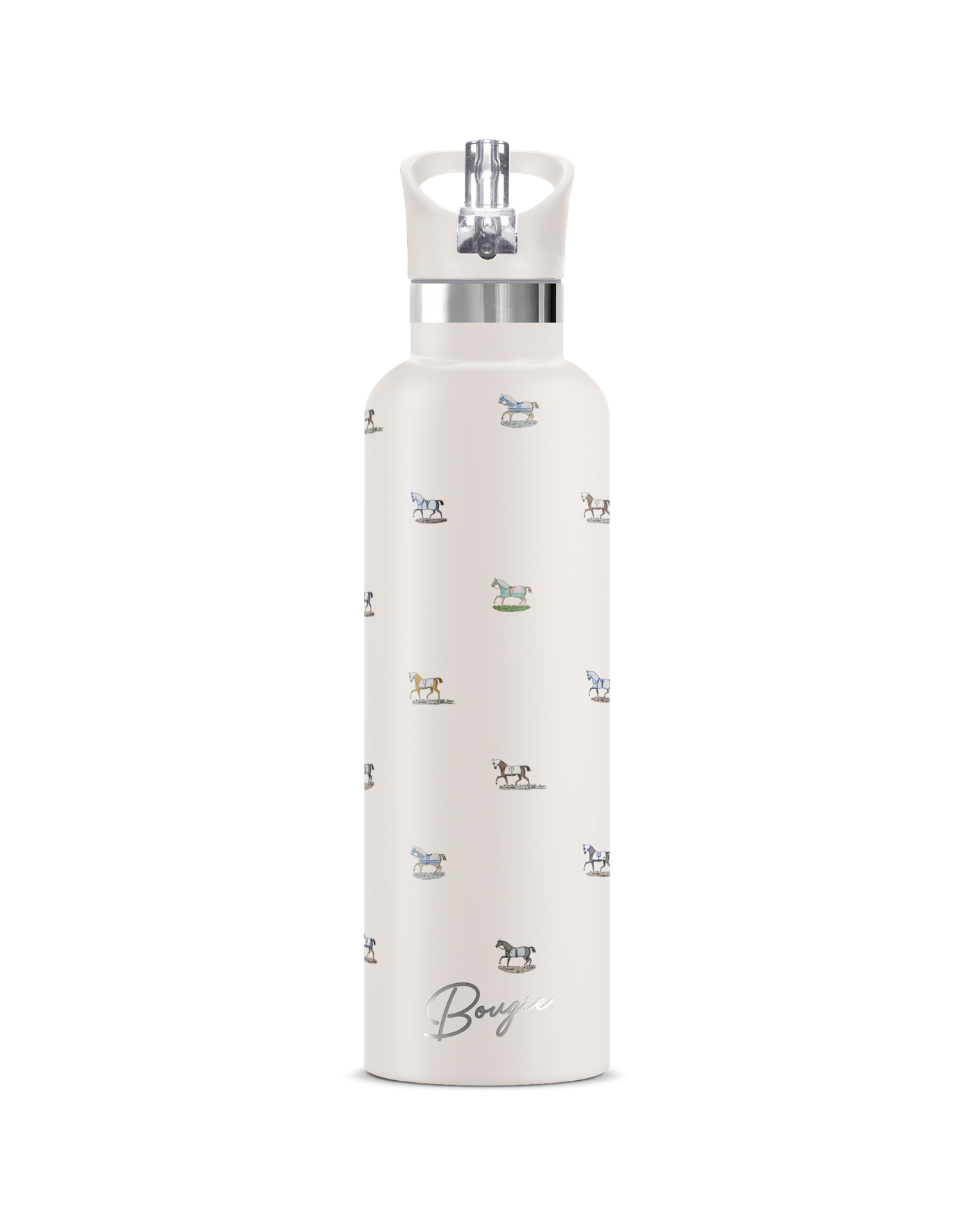 Veredus I | 25oz. Insulated Water Bottle   Antique Equestrian Print with matte cream finish and matching cream olored flip n sip lid