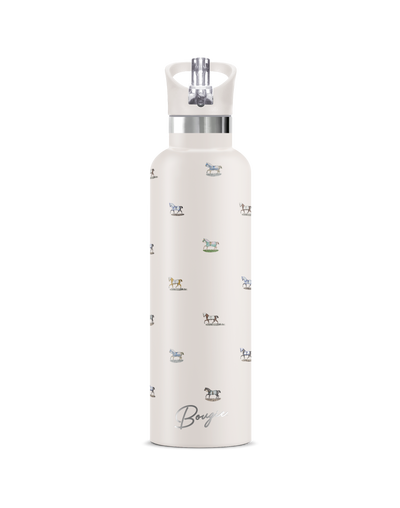 Veredus I | 25oz. Insulated Water Bottle   Antique Equestrian Print with matte cream finish and matching cream olored flip n sip lid