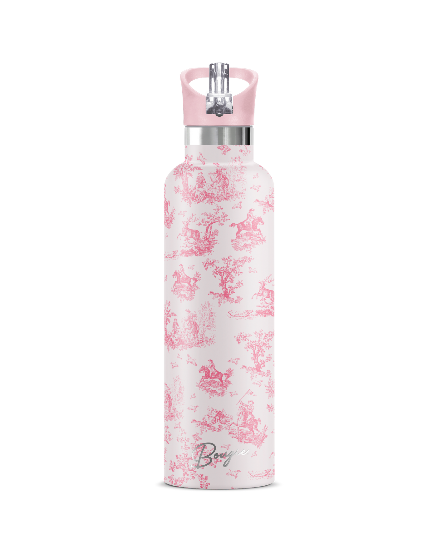 Chevalier 25oz. Insulated Water Bottle Pink Toile horsemen design with matching pink flip n sip straw lid 