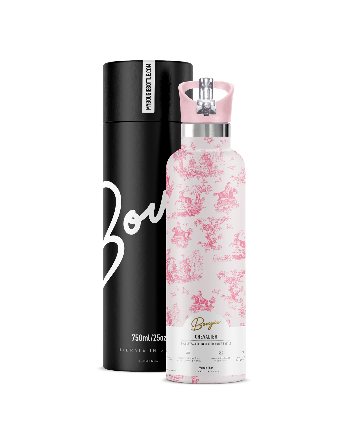 Chevalier 25oz. Insulated Water Bottle Pink Toile horsemen design with matching pink flip n sip straw lid with Bougie Branded gift tube packaging