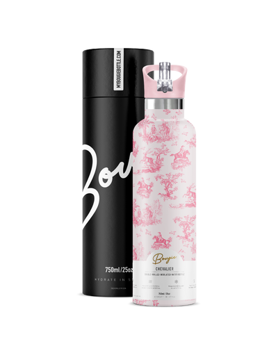 Chevalier 25oz. Insulated Water Bottle Pink Toile horsemen design with matching pink flip n sip straw lid with Bougie Branded gift tube packaging