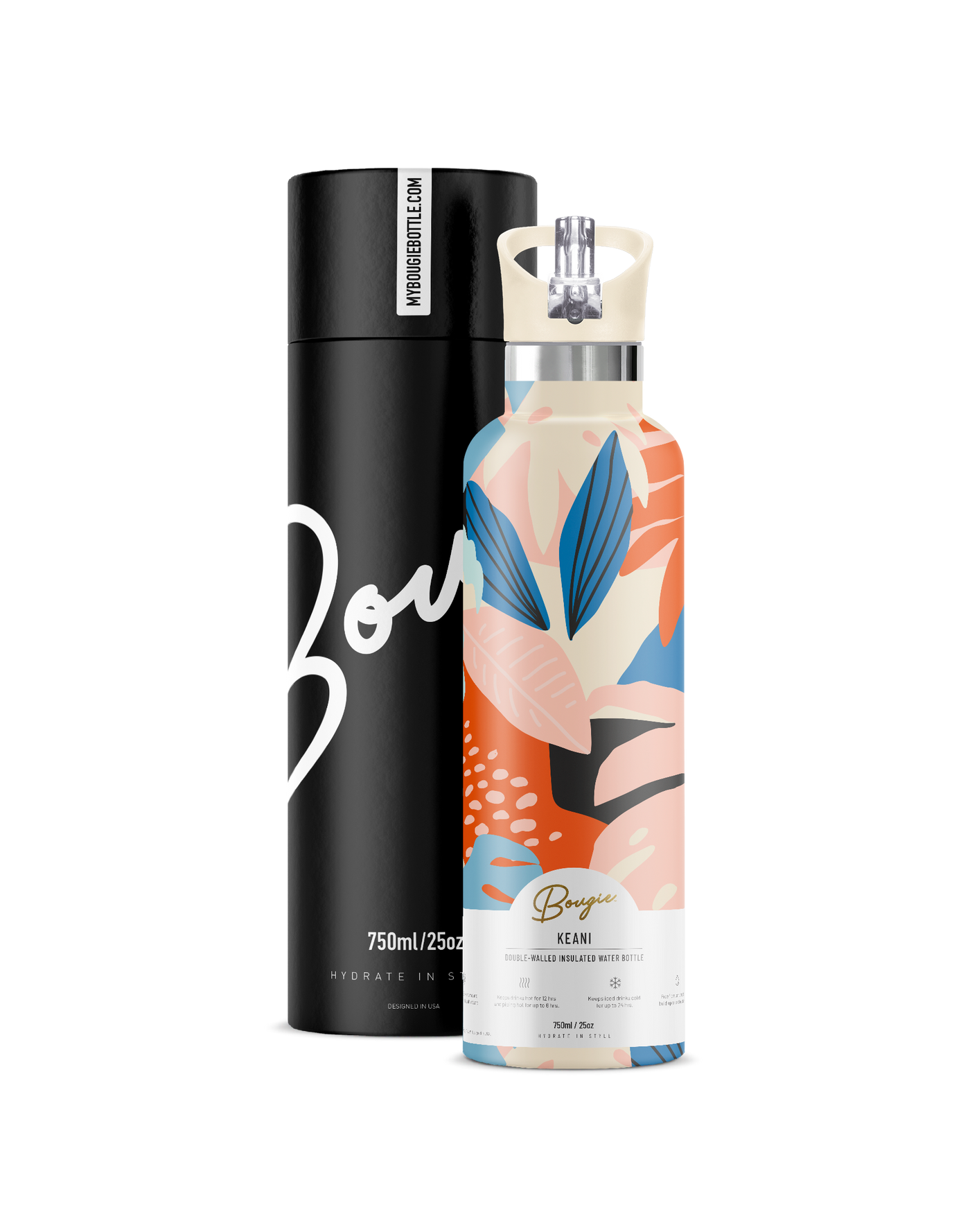 Keani | 25oz. Insulated Water Bottle contemporary Hawaiian inspired print design with matching sand colored flip n sip straw lid with bougie branded black gift tube