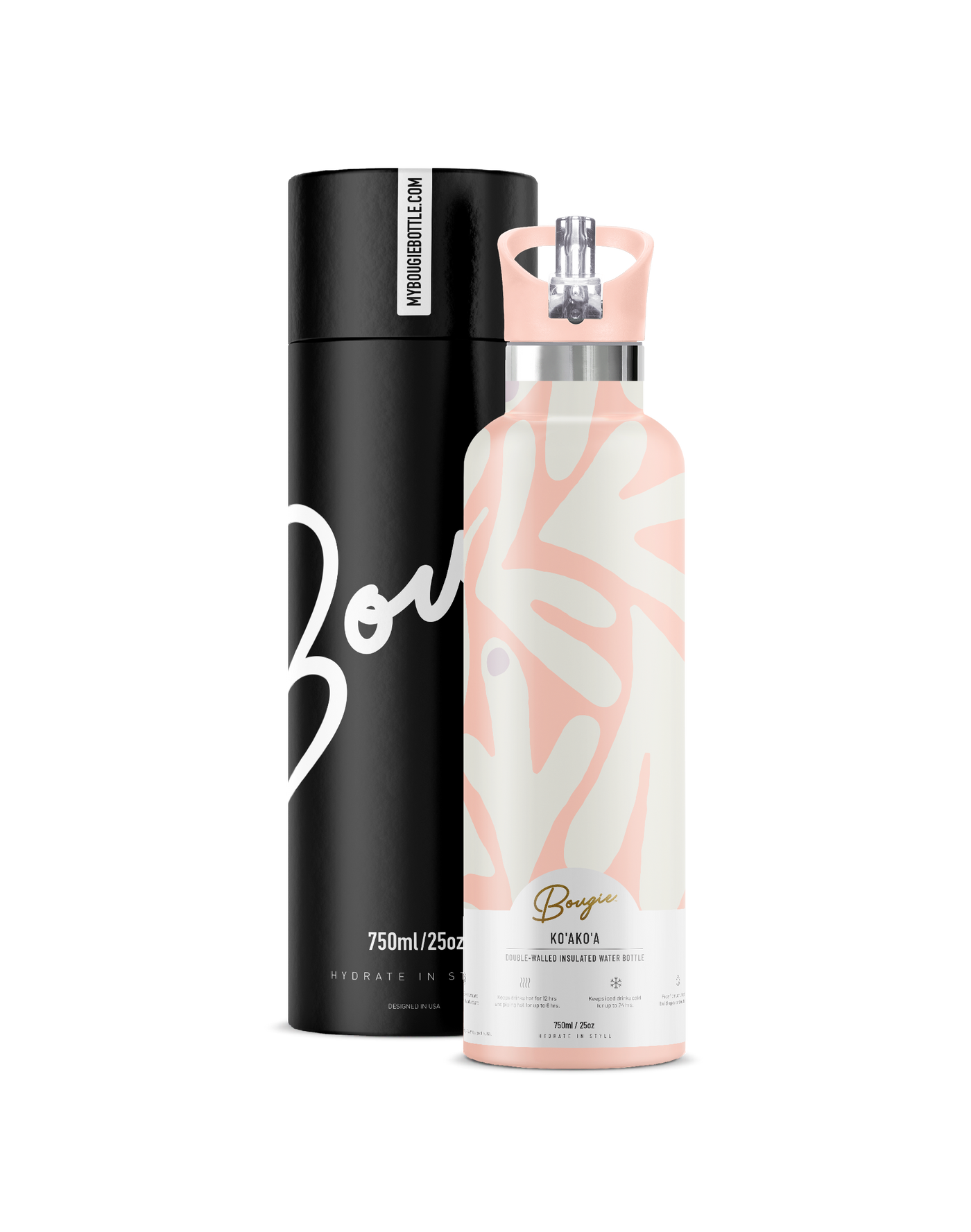 Ko'ako'a | 25oz. Insulated Water Bottle Coral Reef Design with matching pink coral flip n sip lid with gift tube packaging. 