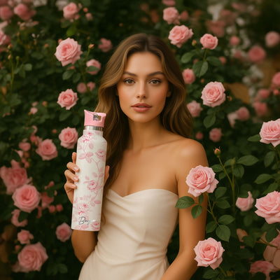 Woman holding a floral water bottle in front of pink flowers