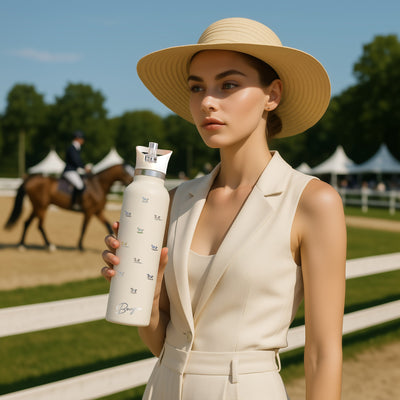 Woman in a beige hat and suit holding a water bottle with equestrian event in the background