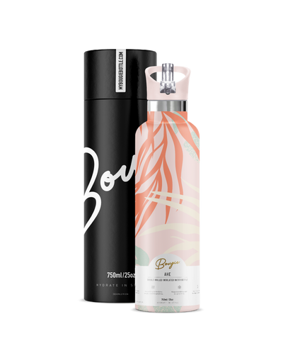 Ahe | 25oz. Insulated Water Bottle, pink with pastel colored palm leaf design and matching fli n sip pink lid with gift tube packaging