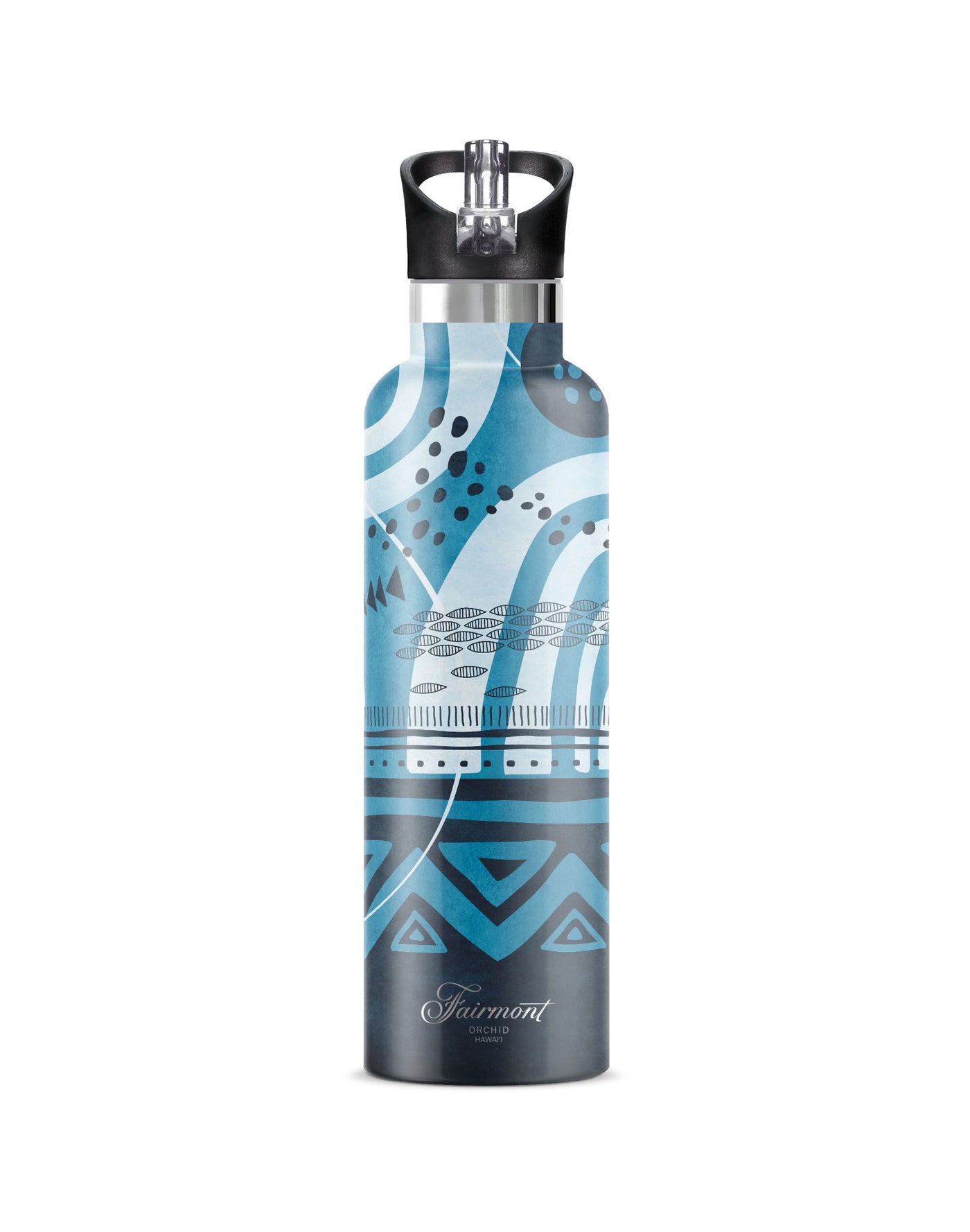 Kaikane | 25oz. Insulated Water Bottle, Hawaiian-inspired gifts, petroglyph style of ocean, black flip n sip lid