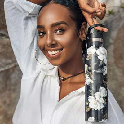 Classic Oil Painting Design of a Beautiful Magnolia Flower Water Bottle with Black Lid 