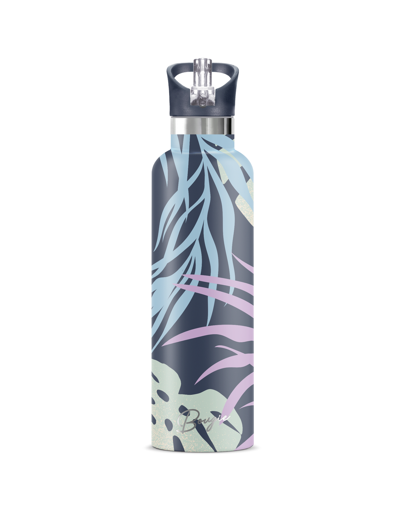 Nahele | 25oz. Insulated Water Bottle tropical palm leaf design with matching navy blue flip n sip lid