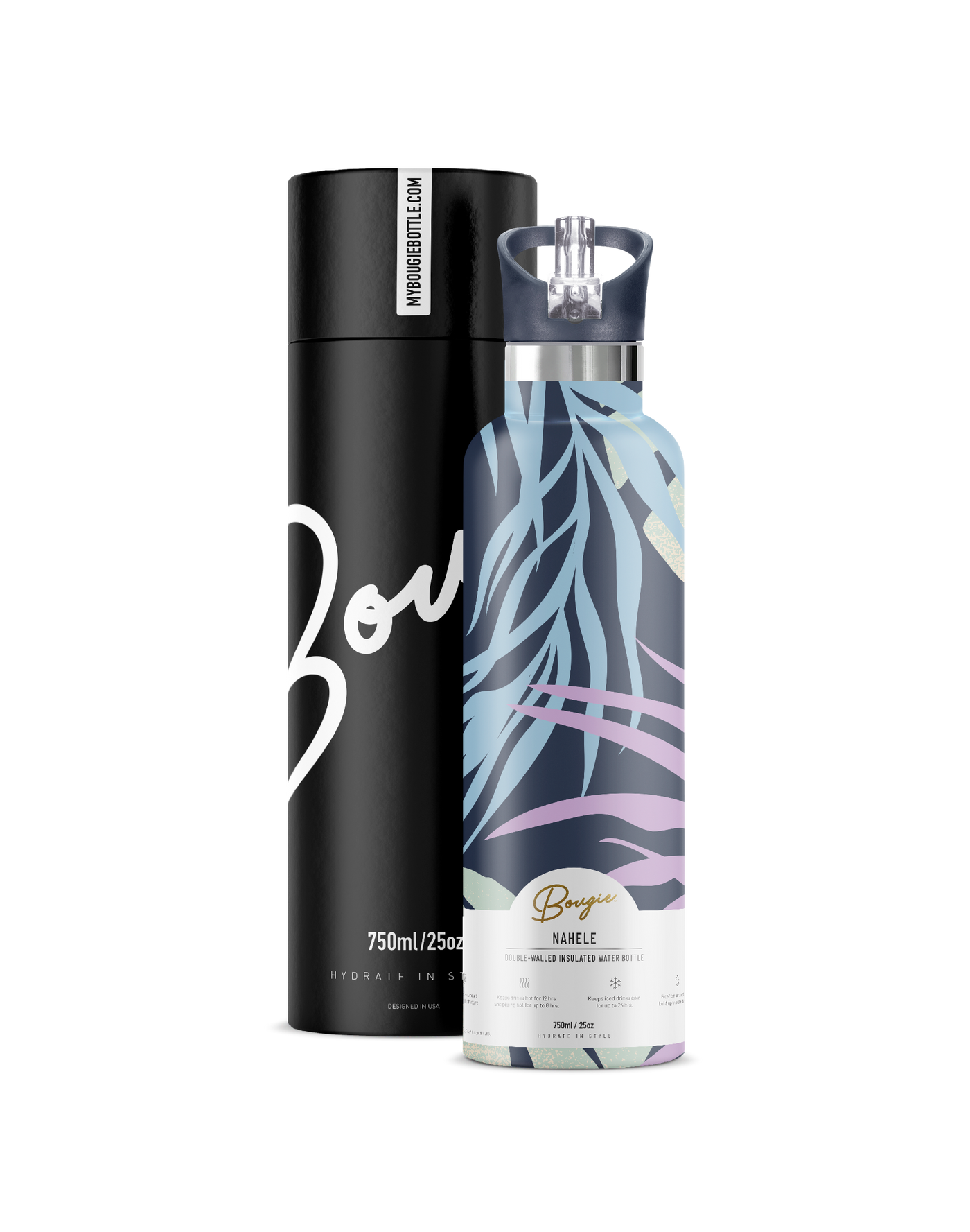 Nahele | 25oz. Insulated Water Bottle tropical palm leaf design with matching navy blue flip n sip lid with bougie branded black gift tube