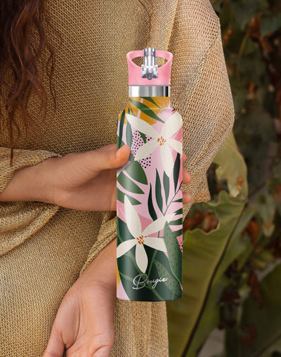 Insulated Water Bottle with Delicate Tiare Flowers Design 