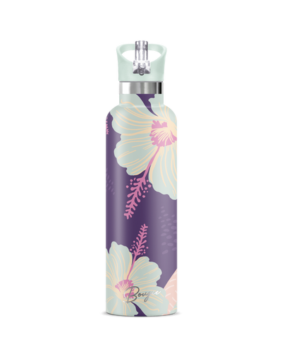 Nani | 25oz. Insulated Water Bottle purple bottle with green hibiscus design with matching green flip n sip lid