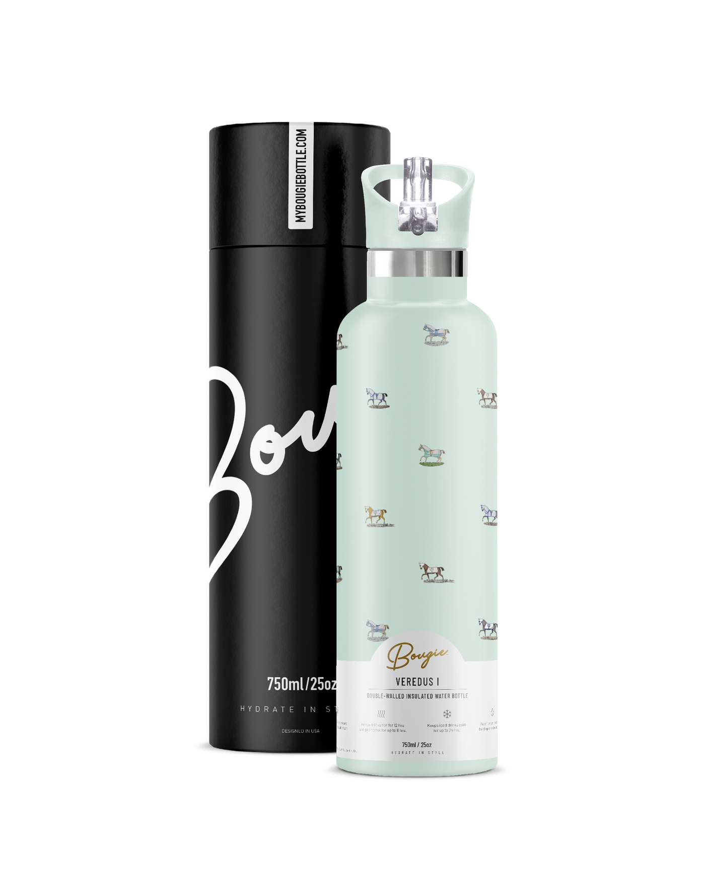 Veredus I | 25oz. Insulated Water Bottle horse print design with matching mint color flip n sip lid and bougie branded gift tube packaging. 