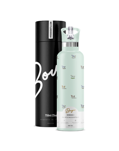 Veredus I | 25oz. Insulated Water Bottle horse print design with matching mint color flip n sip lid and bougie branded gift tube packaging. 