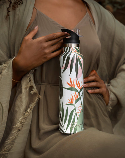 Water Bottle with Stunning Design Inspired by Bird-of-Paradise Motifs with Black Lid  