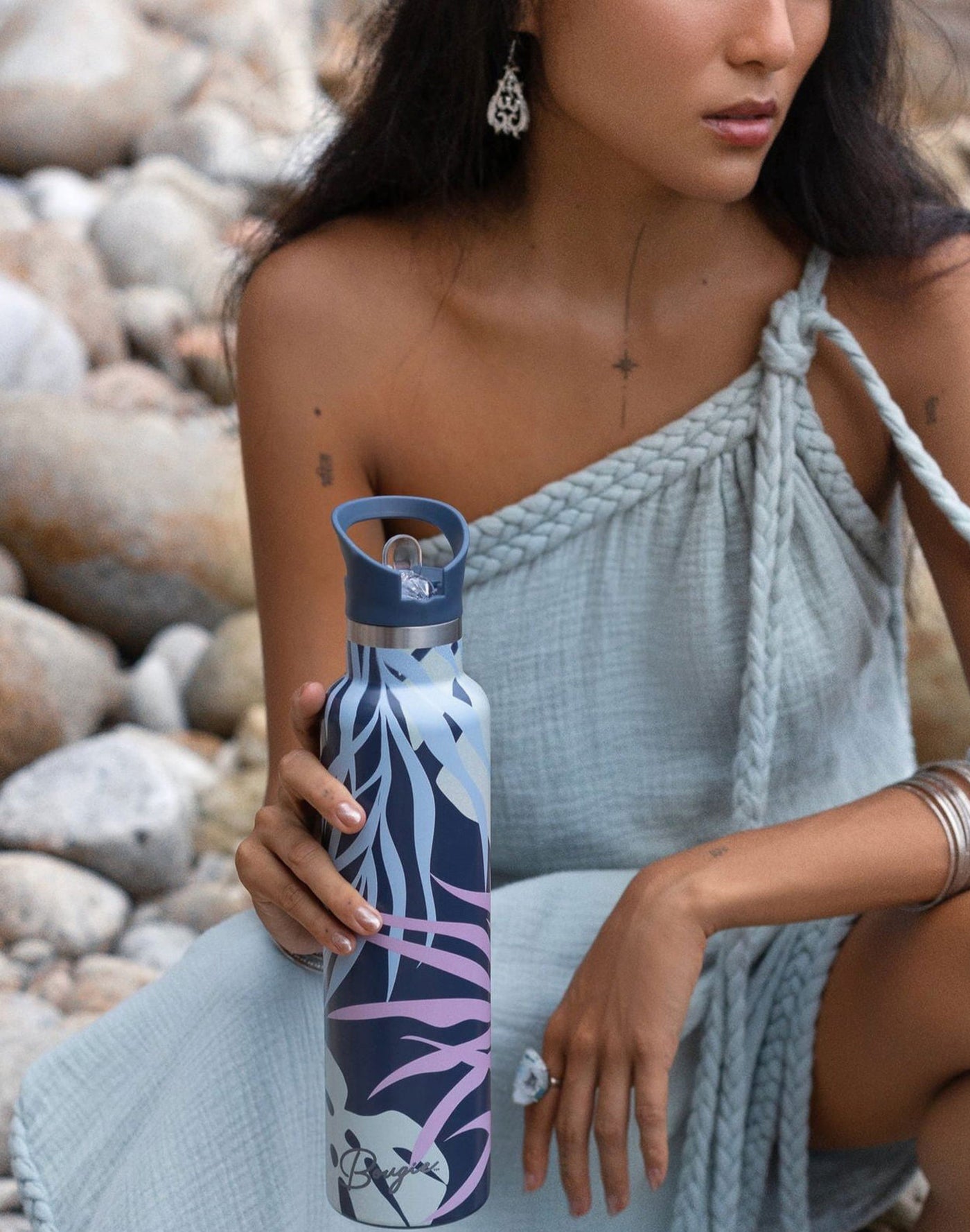 Water Bottle Inspired by Vibrant Foliage and Ethereal Hues with Blue Lid