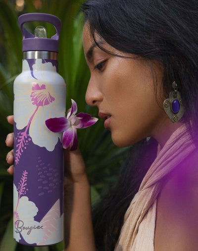 Tropical Floral Print and Vibrant Colors Water Bottle with Purple Lid 