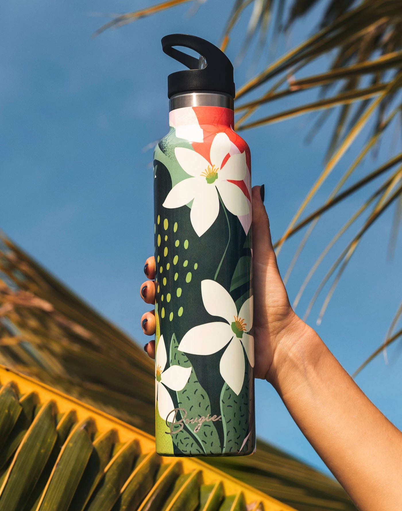 Stunning Blend of Contemporary Style and 1960s Hawaiian Charm Design Insulated Water Bottle with Black Lid 