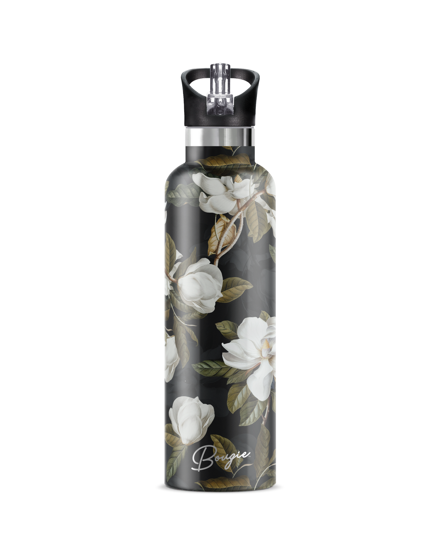 My Bougie Bottle, Insulated Water Bottle with a beautiful Magnolia flower bouquet design and Flip ‘n’ Sip Lid