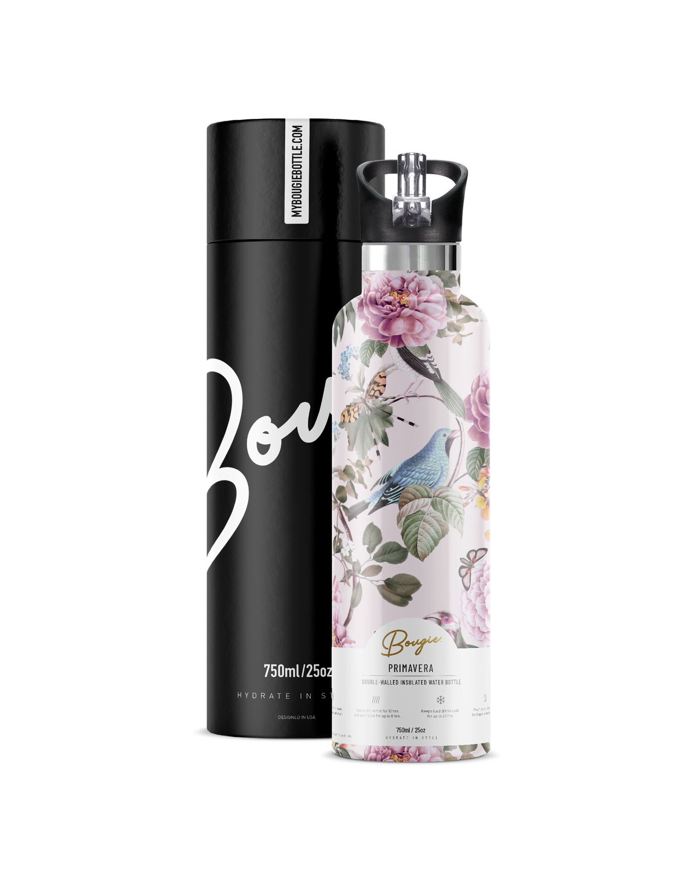 My Bougie Bottle Insulated Water Bottle in Primavera Design that comes with Gift Tube, Straws, and Soft Brisled Pipe Cleaner. 