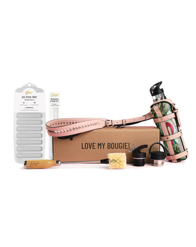 Save 25% with the Luxe Collection. Your choice of any My Bougie Bottle with pink or black carrier sling, ice stick tray, 1 flex lid, 1 additional flip n sip lid, a reusable straw set and the perfect bougie bottle cleaning brush!