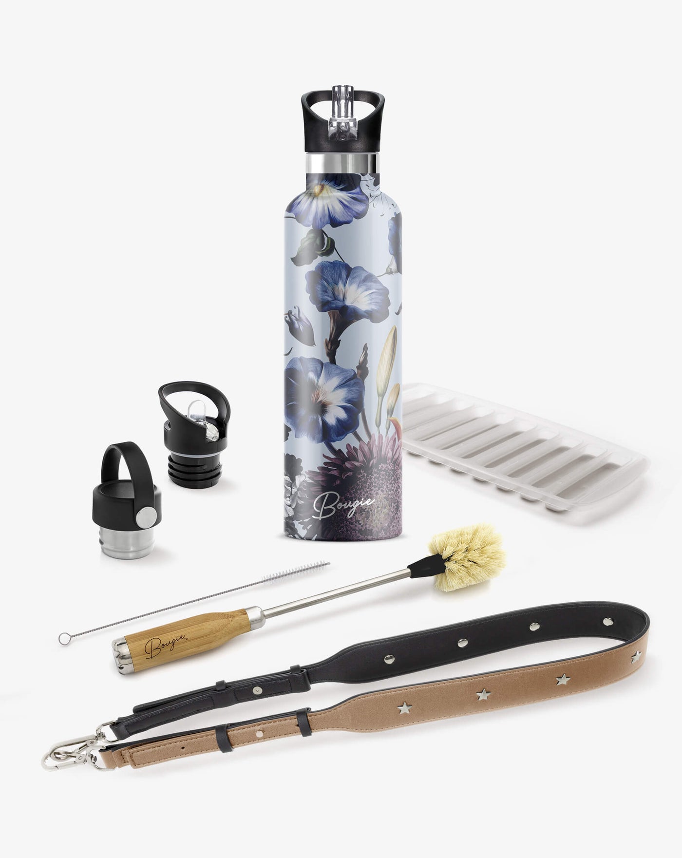 collection gift box with blue morning glory flowers water bottle, 2 lids, bottle brush cleaner, tan strap bottler carrier and ice stick tray